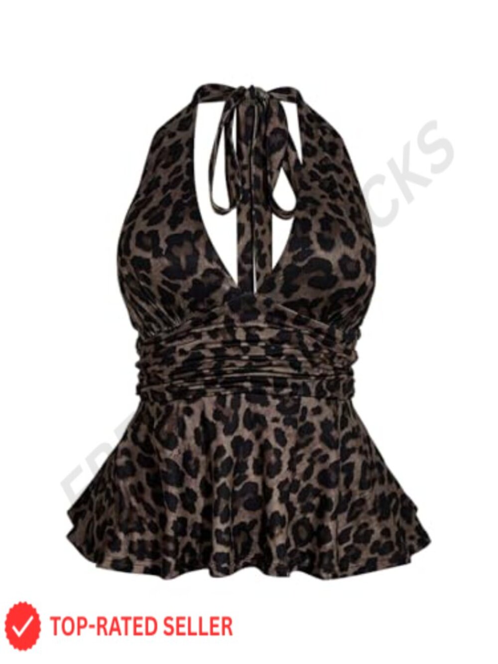 Plus Size Leopard Halter Peplum Top Ruched Ruffle Backless Party Top